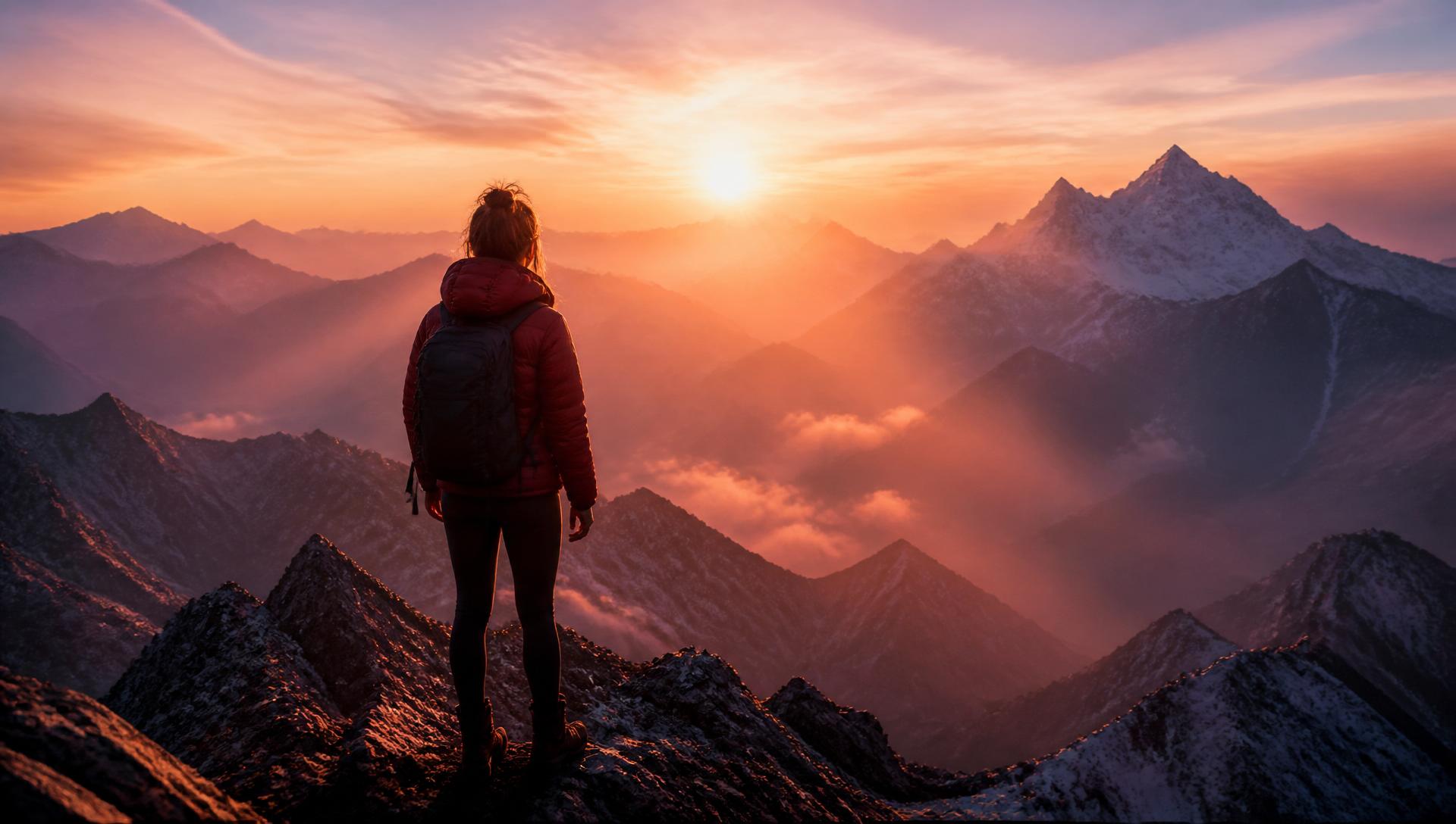 Solo woman explorer looking out over mountains at sunrise