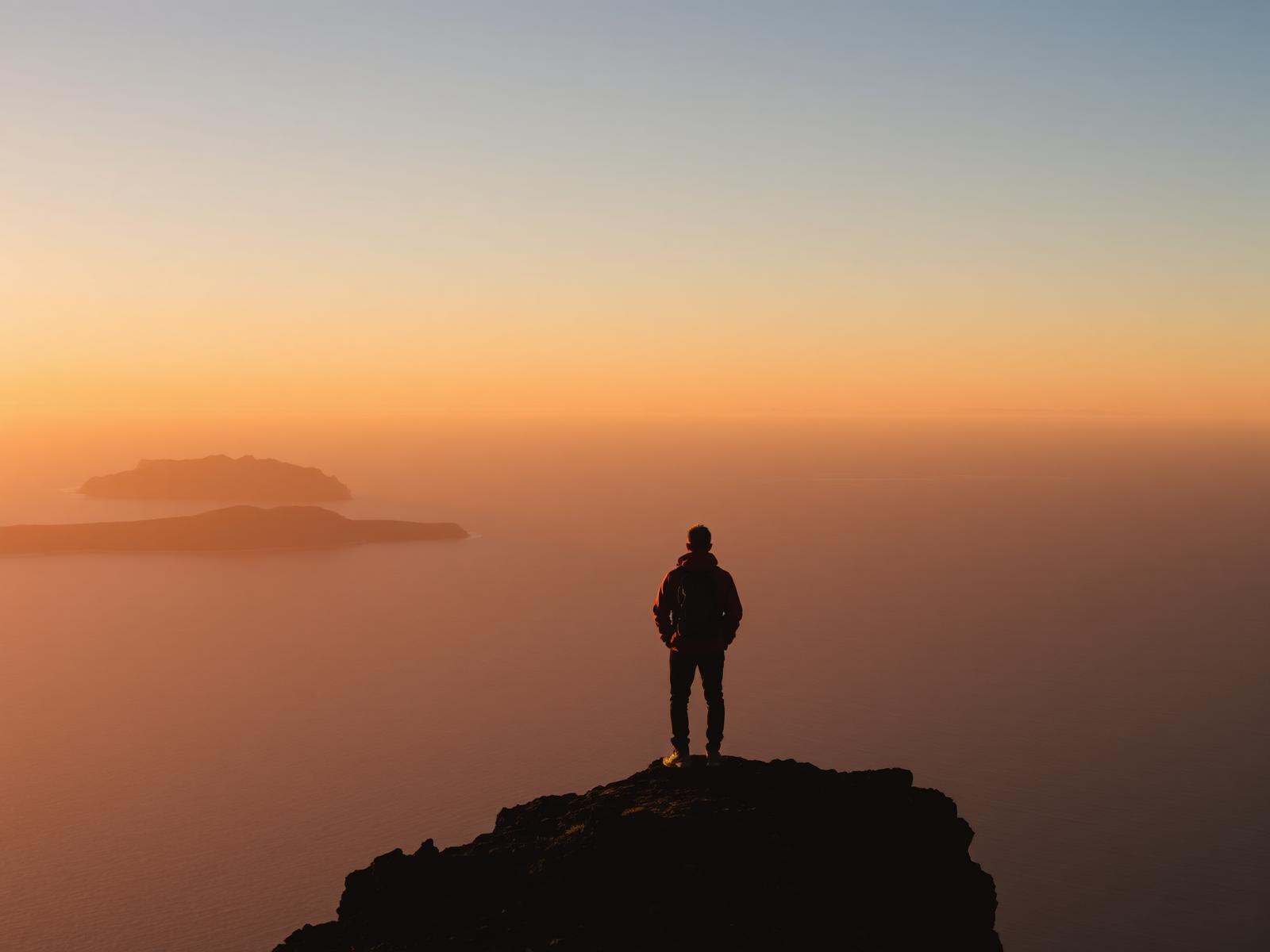 An explorer overlooking a vast wilderness landscape