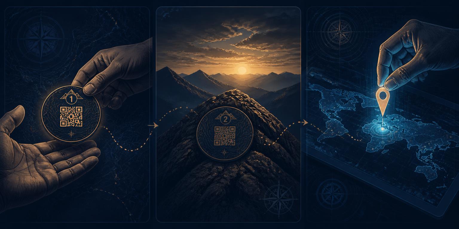 Illustrated explorer journey: claiming a numbered Explorer ID, placing it on a mountain ridge, and pinning the story to the Atlas